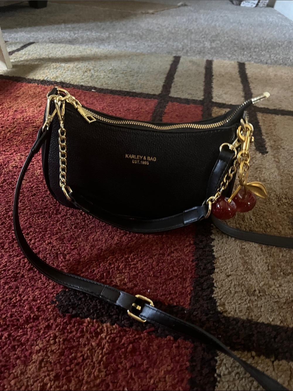 PurseN Black Shoulder Bag with Gold Hardware and Red Cherry Charm